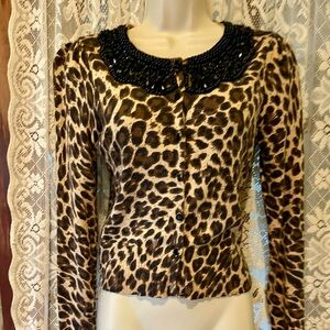 Vintage angora beaded Leopard print cardigan small Express